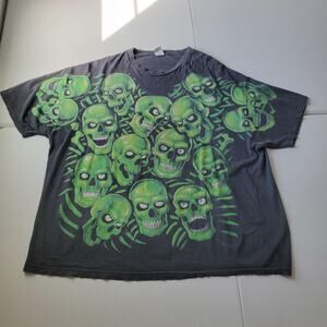 Y2K 2001 Liquid Blue Green Skull Shirt Mens 4XL Black Green All Over Print AOP